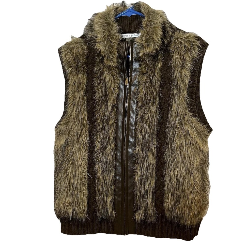 Peter Nygard Sweater Vest Faux Fur Size Large Zip Front Brown Mob Wife Money